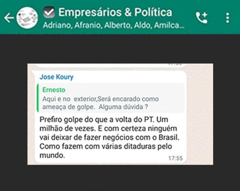 A oposição ao governo Bolsonaro na Câmara dos Deputados protocolou notícia-crime no Supremo Tribunal Federal (STF) pedindo a investigação contra os empresários bolsonaristas que, em um grupo de WhatsApp, defenderam um golpe de Estado caso Luiz Inácio Lula da Silva (PT) seja eleito no pleito de outubro de 2022