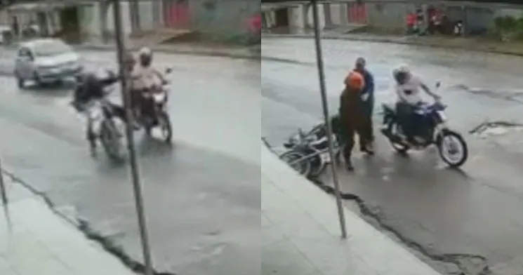 VÍDEO:  Entregador é derrubado por assaltantes enquanto pilotava moto