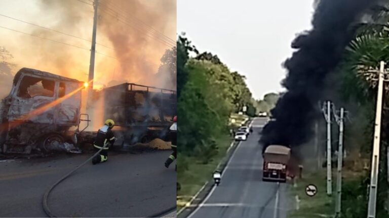 VÍDEO: Carreta que transportava soja pega fogo na BR-174, no AM