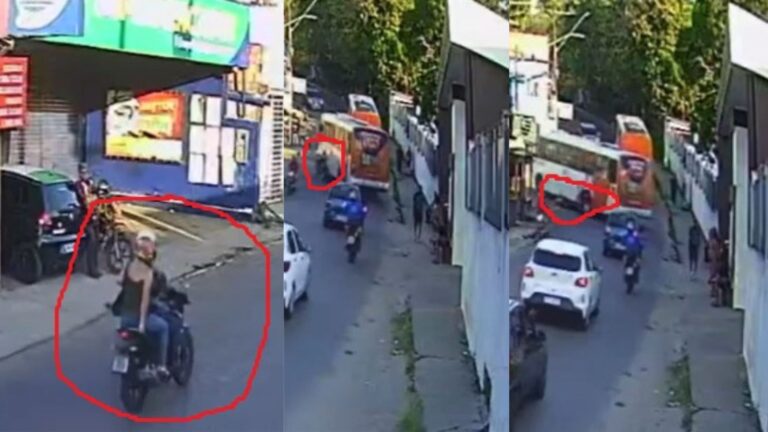 VÍDEO: Veja momento em que motociclista e garupa escapam de serem esmagados por ônibus, em Manaus