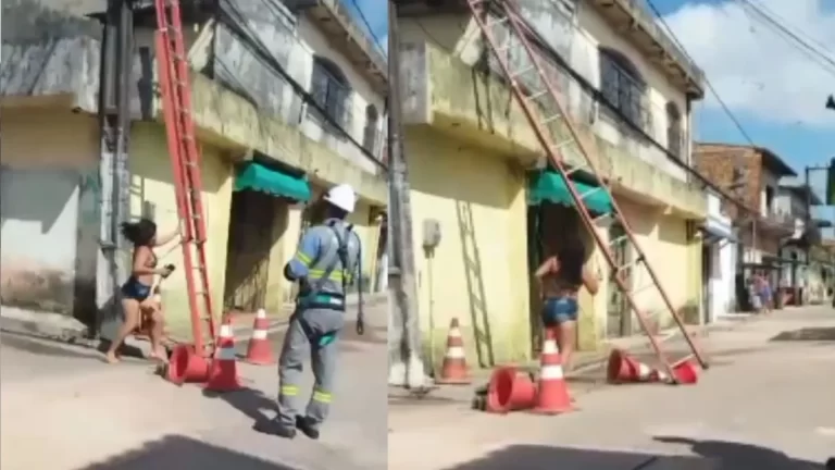 VÍDEO: Inconformada, moradora derruba escada e ameaça funcionários de empresa de energia no PA