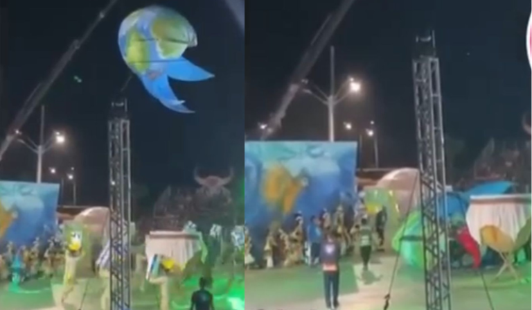 VÍDEO: Alegoria com ‘cunhã-poranga’ despenca de guindaste durante festival, no AM