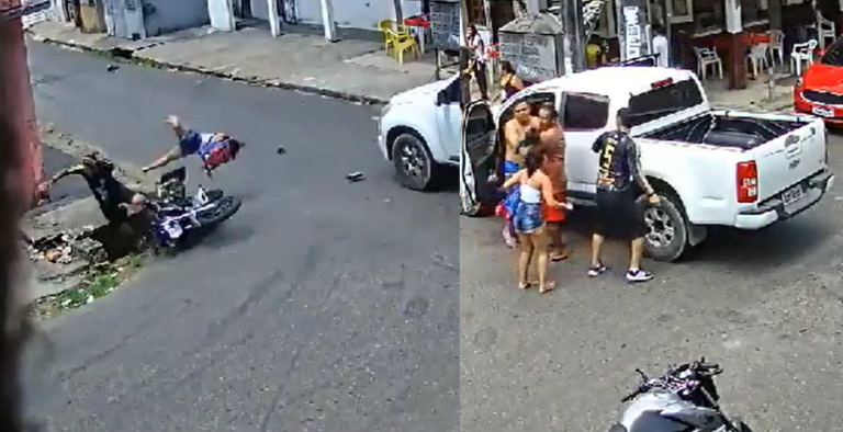 VÍDEO: Criança de 5 anos é lançada para dentro de bueiro em colisão de carro e moto, em Manaus