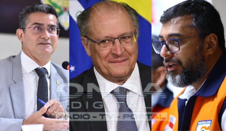 Imagem colorida mostra David Almeida, Geraldo Alckmin e Wilson Lima