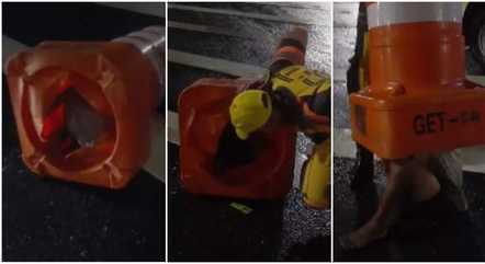 VÍDEO: Em SP, homem entra em cone de trânsito e fica preso