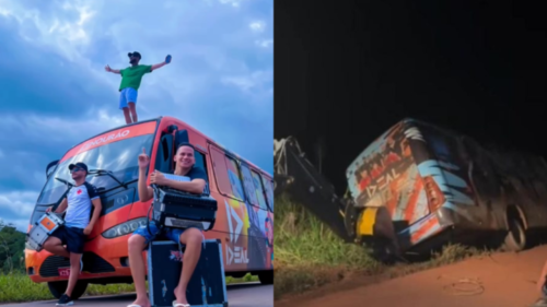 VÍDEO: Ônibus de banda amazonense tomba no meio de estrada e vocalista tranquiliza fãs