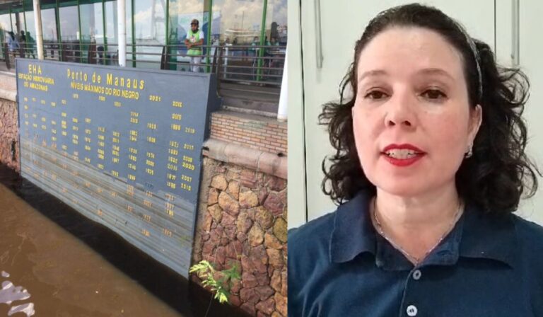 Imagem colorida mostra duas fotos uma ao lado da outra. A primeira mostra a régua do porto de Manaus a esquerda com o nível abaixo do nível da régua e a direita a pesquisadora Jussara Cury do Serviço Geológico do Brasil (SGB)