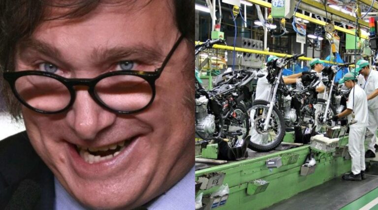 Imagem colorida mostra Javier Milei a esquerda sorrindo e a direita uma fábrica de motos no PIM