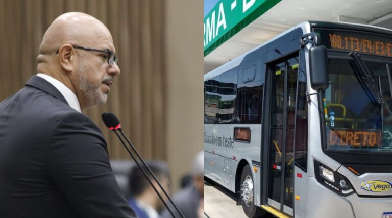 Imagem colorida mostra a esquerda o vereador Bessa e a direita um ônibus em Manaus