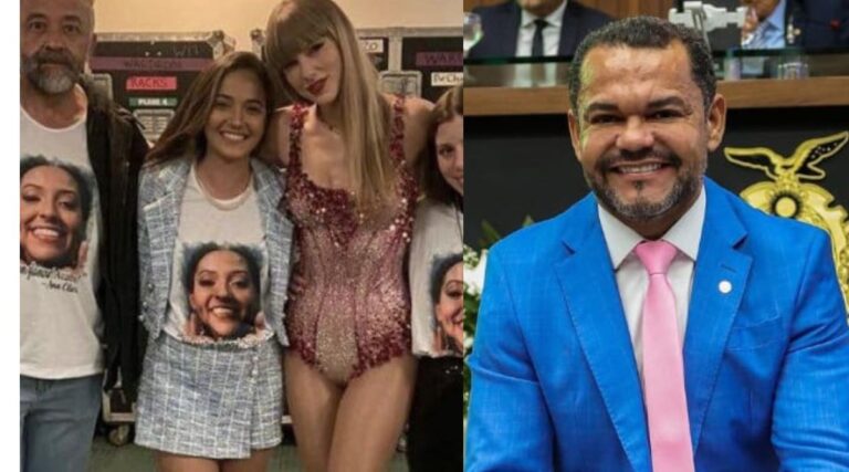 Imagem colorida mostra Taylor Swift com família de fã morta e o deputado Rozenha