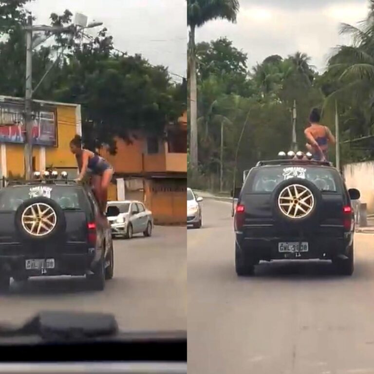 VÍDEO: Mulher sobe no teto de carro, enxerga viatura da polícia e acaba caindo