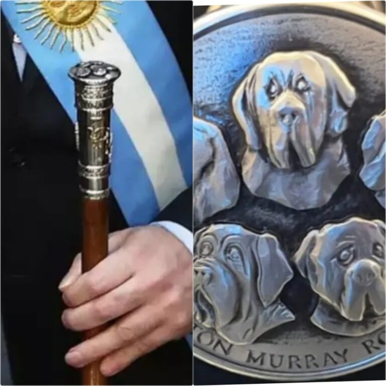 Milei recebe faixa e bastão com imagens de seus cachorros clonados em sua posse