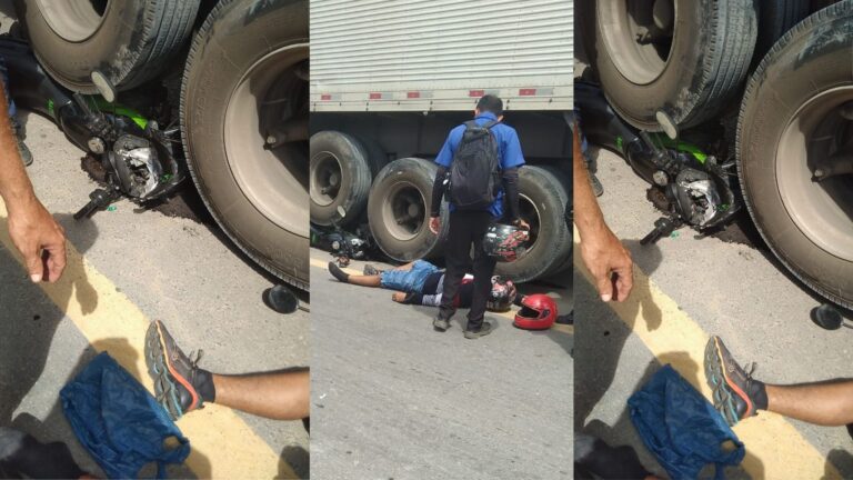 VÍDEO: Acidente deixa homem ferido e moto para embaixo de caminhão, em Manaus
