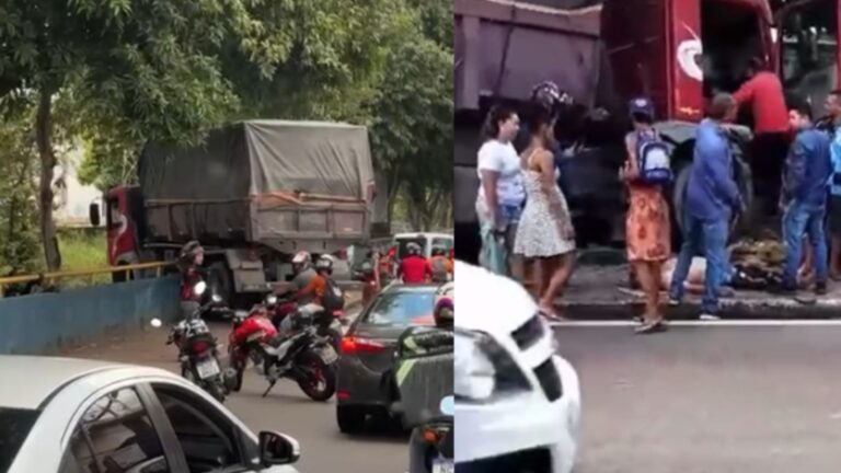 VÍDEOS: Caminhão fica atravessado em muro de contenção após homem passar mal dirigindo, em Manaus