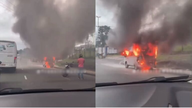 VÍDEO: Kombi fica destruída após pegar fogo em avenida de Manaus
