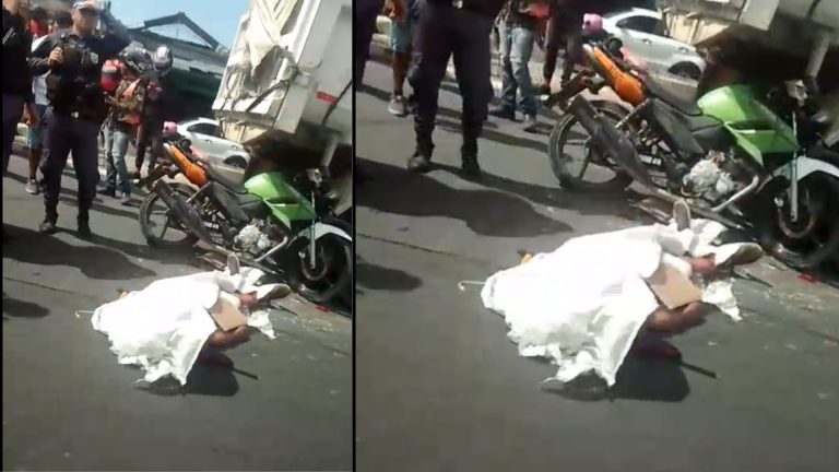 VÍDEOS: Motociclista morre com a cabeça esmagada e mulher fica ferida em acidente com caminhão, em Manaus