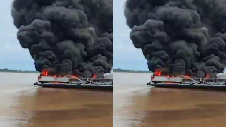 VÍDEO: Incêndio atinge veículos em balsa atracada no porto do Puraquequara, em Manaus