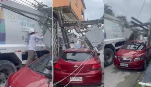 VÍDEOS: Caminhão de lixo derruba poste de energia em cima de carro, no AM