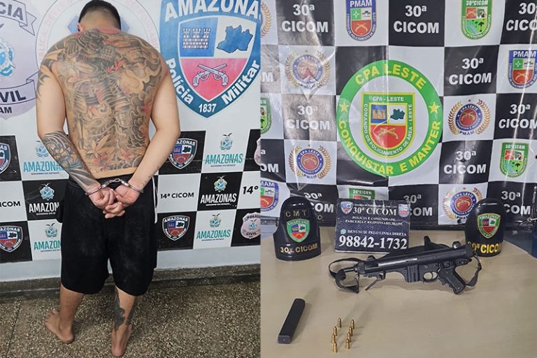‘Piratinha’ do CV é preso pela PM com submetralhadora em Manaus ‘Piratinha’ do CV é preso pela PM com submetralhadora em Manaus