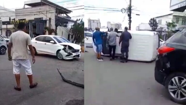 VÍDEOS: Carro ignora sinal vermelho e causa acidente com capotamento em Manaus
