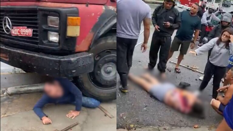 VÍDEOS: Motorista perde o controle de caçamba, pula de cabine e para embaixo de roda, em Manaus VÍDEOS: Motorista perde o controle de caçamba, pula de cabine e para embaixo de roda, em Manaus