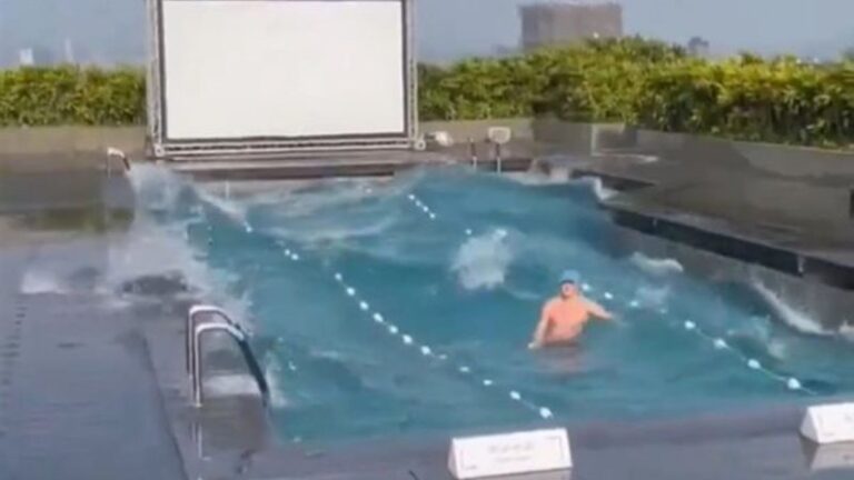 VÍDEO: Em Taiwan, homem fica preso em piscina no momento do terremoto