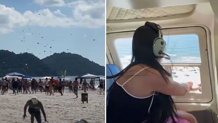 De helicóptero, influenciadora “faz chover dinheiro” em praia de Balneário Camboriú-SC