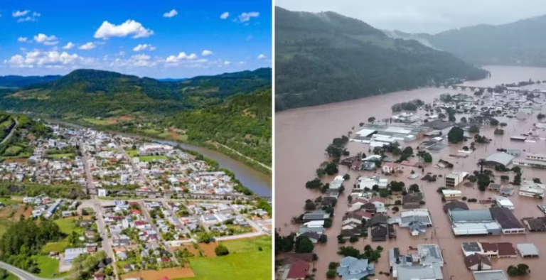 Confira o antes e o depois dos lugares atingidos pelas fortes chuvas no RS
