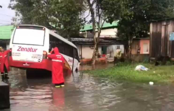 VÍDEO: Micro-ônibus de rota do Distrito cai em buraco no Armando Mendes, em Manaus