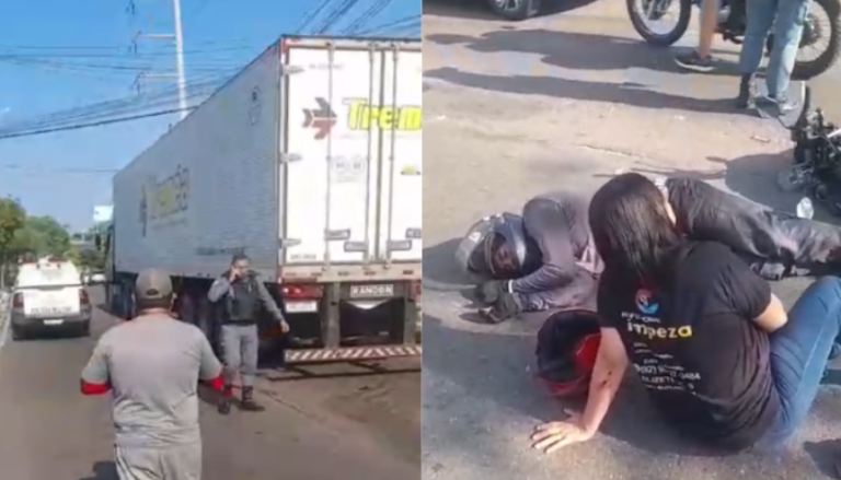 VÍDEO: carreta passa por cima de roda de moto e deixa dois feridos na Ponta Negra