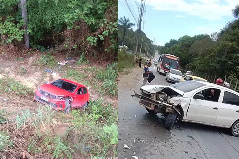 Acidente: carros colidem e um despenca em barranco na AM-010