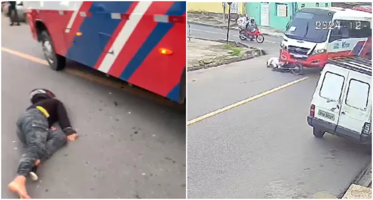 VÍDEO: Motociclista e passageiro quase são esmagados por ônibus no Armando Mendes