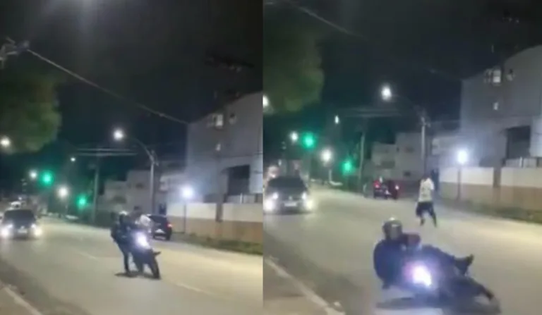 VÍDEO: Motociclista sofre acidente ao chutar homem dançando na rua, no RJ
