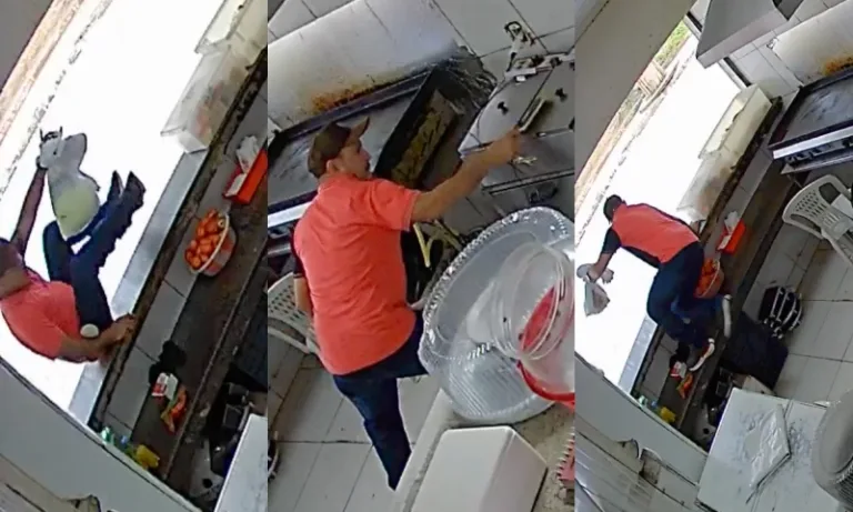 VÍDEO: ‘Lalau’ pula balcão de lanchonete e rouba celular em Manaus