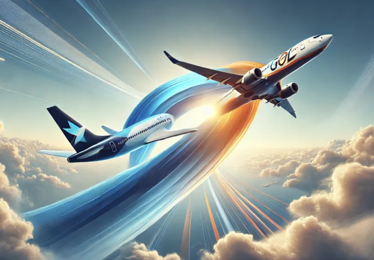 Ilustração conceitual da fusão entre Azul Linhas Aéreas e Gol Linhas Aéreas, representada por dois aviões das companhias voando em direções opostas, envoltos por trilhas coloridas no céu, simbolizando a integração das operações.