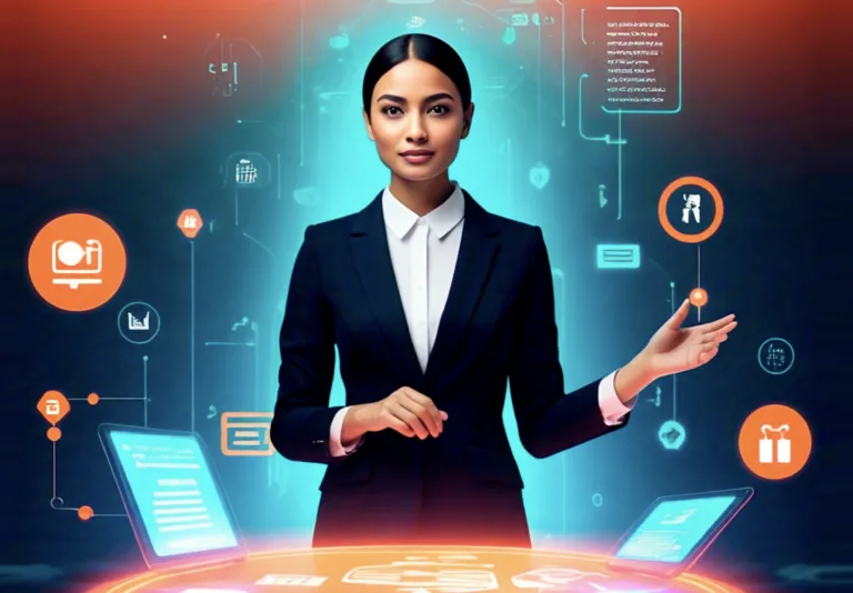 Mulher executiva em traje formal interage com uma interface holográfica digital, representando inovação, tecnologia e transformação digital nos negócios.