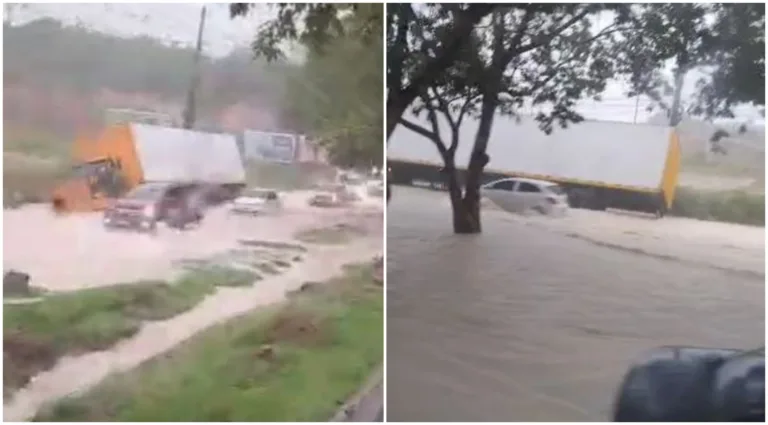 VÍDEO: Caminhão tomba em avenida alagada durante chuva em Manaus