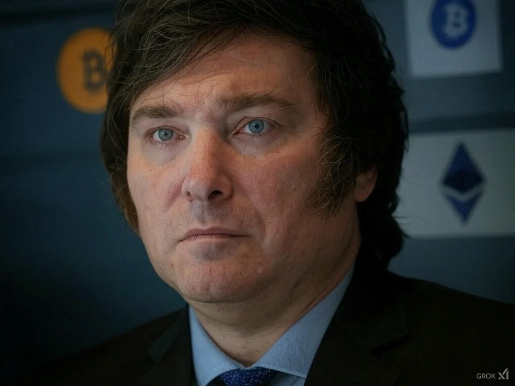 Homem de terno com expressão séria em um fundo com símbolos de criptomoedas, representando temas como economia, política e blockchain.