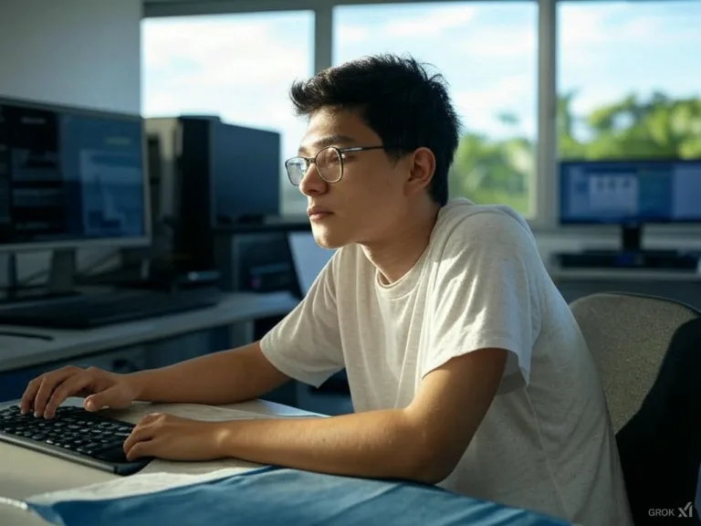 Jovem programador em um ambiente de trabalho tecnológico, concentrado em um computador com múltiplas telas exibindo códigos e dados.