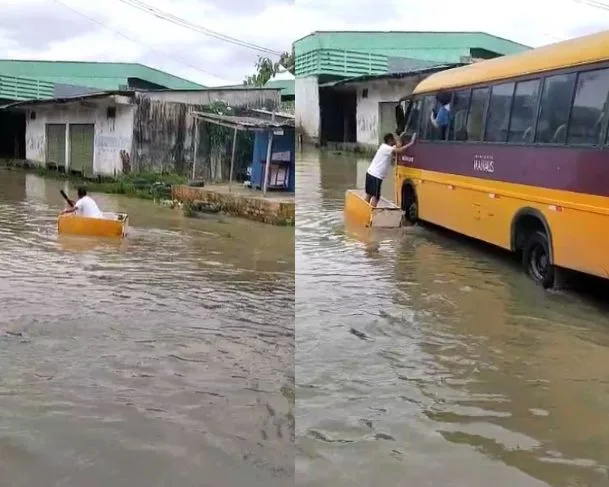 Geladeira é usada como 'canoa' por morador de Manaus - (Foto: Reprodução/X).