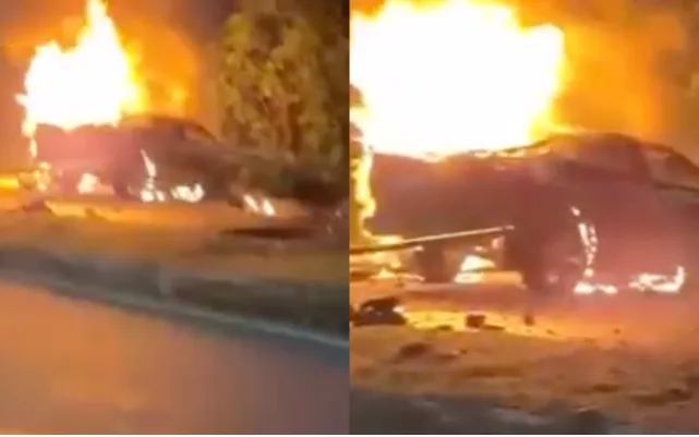 Carro pega fogo ao bater em poste em Manaus