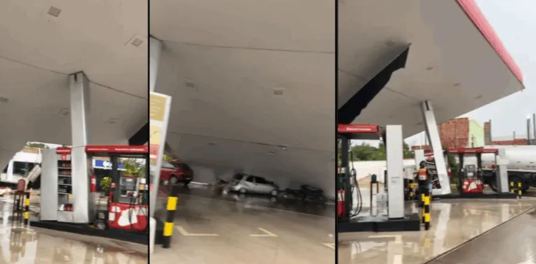 Teto de posto de combustíveis desaba durante chuva em Iranduba