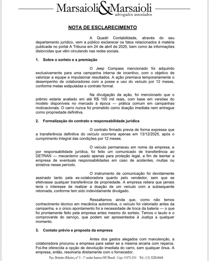 Nota - Empresa que fez sorteio de Jeep
