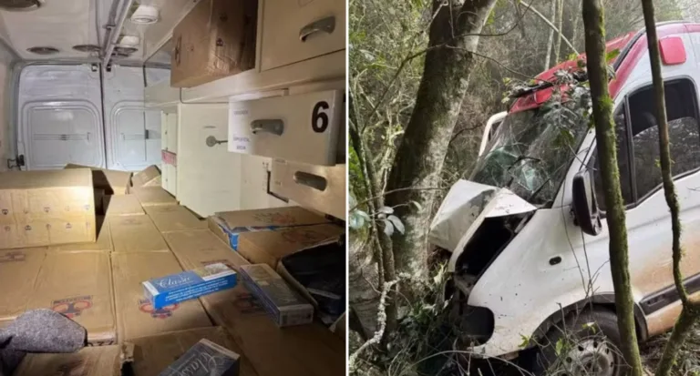 Ambulância carregada de cigarros contrabandeados é apreendida após bater em árvore; Motorista e 2 homens foram preso
