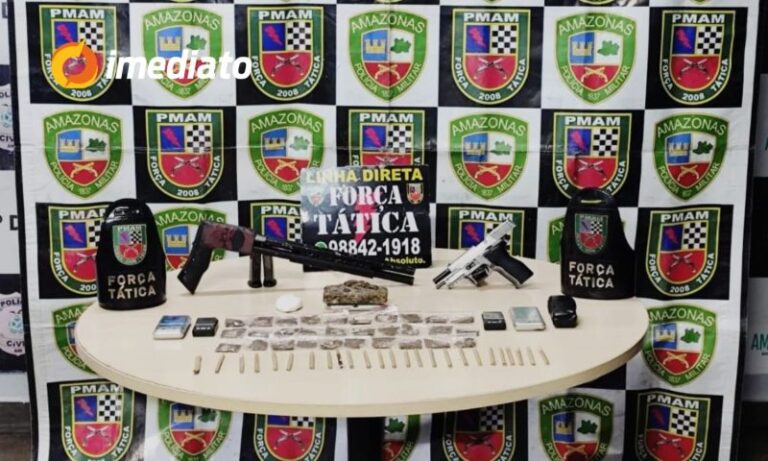 Denúncia leva Polícia Militar a apreensão de arma, drogas e simulacro no bairro São Francisco em Manaus