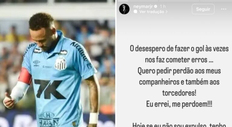Neymar pede desculpas após expulsão por toque na bola com a mão em jogo do Santos contra o Botafogo