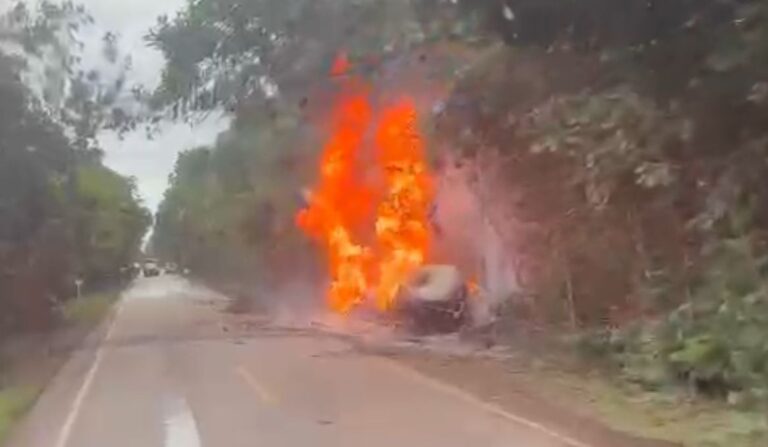 VÍDEO: caminhão-tanque pega fogo na BR-174 e assusta motoristas