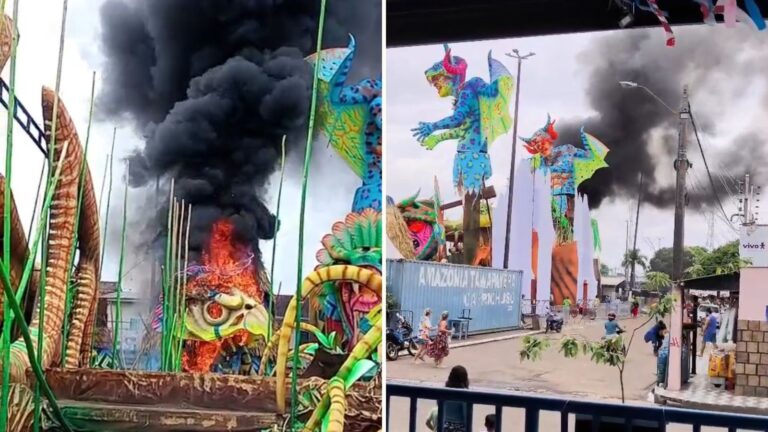 VÍDEO: Alegoria do Caprichoso pega fogo em galpão de Parintins