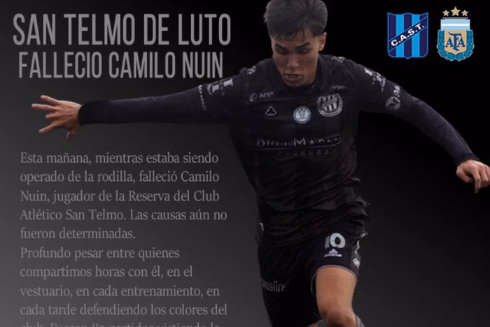 Jogador argentino de 18 anos morre durante cirurgia do joelho Jogador argentino de 18 anos morre durante cirurgia do joelho