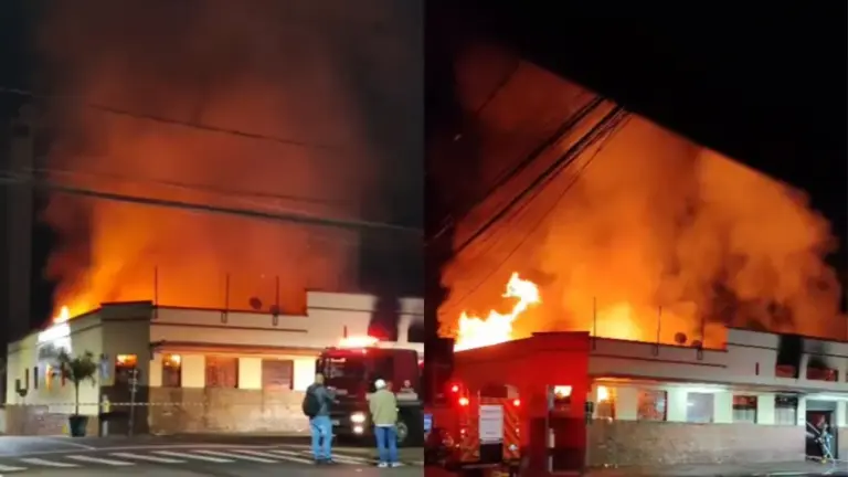 Grande incêndio atinge Mercado Municipal de Piracicaba em São Paulo e parte do teto desaba